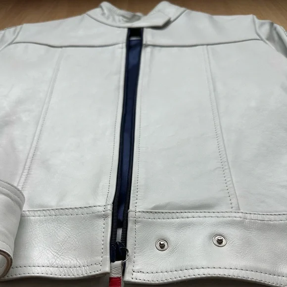 Peroni Italy White Leather Full Zip LOGO perforated Sleeve Jacket - Picture 3 of 9